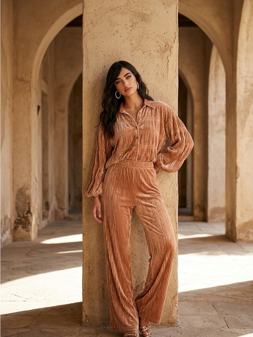 Vici Velvet Button-Down Shirt In Camel Brown